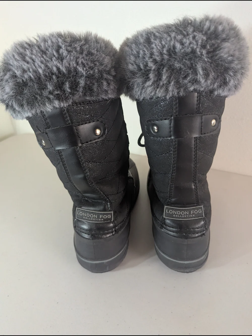 London Fog Black Faux Fur Cuff Lace-Up Winter Boots